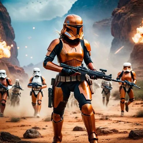 Eine weibliche Mandarlorianische Kopfgeldjägerin im Kampf gegen Imperiale Stormtrooper reste,storm troops,cg artwork,boba fett,stormtrooper,republic,force,starwars,star wars,boba,sw,droids,clone jesio