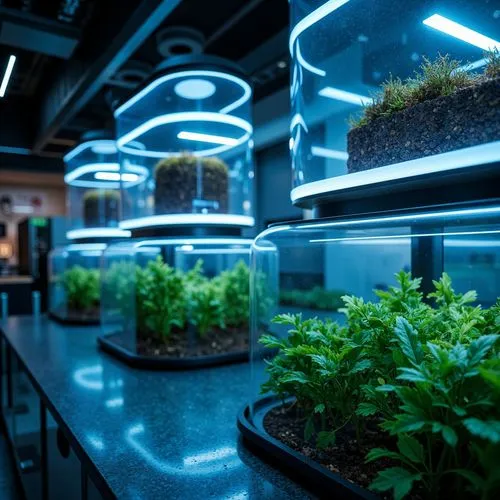 Bioluminescent metabolic architecture, organic matter decomposition, microbial fuel cells, recycled carbon dioxide, hydroponic systems, nutrient-rich soil, futuristic laboratory equipment, transparent