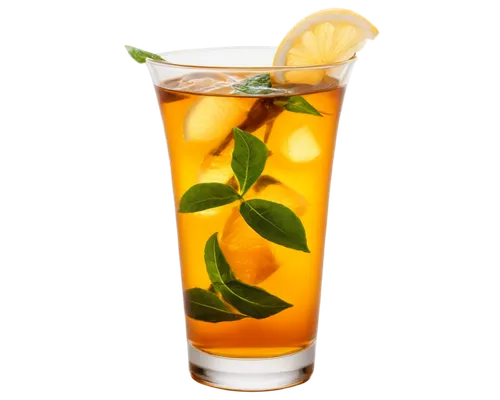 Ice tea, transparent glass, cold mist, ice cubes, lemon slice, green tea leaves, refreshing, summer vibe, shallow depth of field, soft natural light, 3/4 composition, warm color tone.,valencia orange,