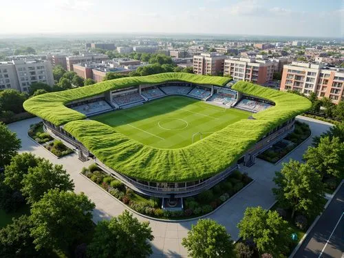 Lush green roofs, thriving vegetation, stadium architecture, curved lines, modern design, sustainable materials, eco-friendly infrastructure, rainwater harvesting systems, grey water reuse, solar pane