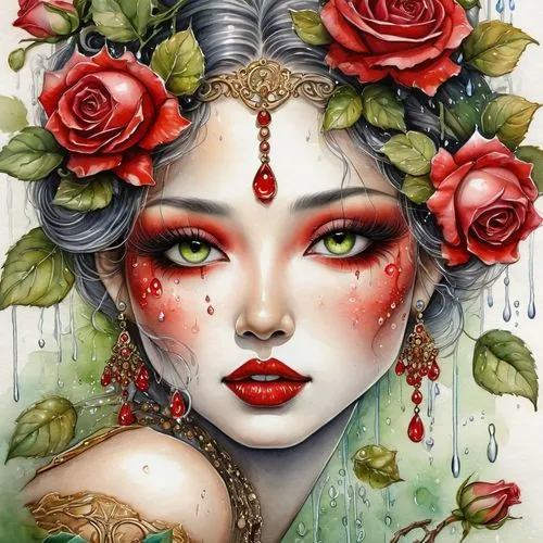 boho art,rose flower illustration,queen of hearts,rosa ' amber cover,geisha,fantasy portrait,radha,masquerade,porcelain rose,flora,pomegranate,red rose,geisha girl,red rose in rain,red roses,oriental princess,fantasy art,poison ivy,medusa,noble roses,Illustration,Paper based,Paper Based 24