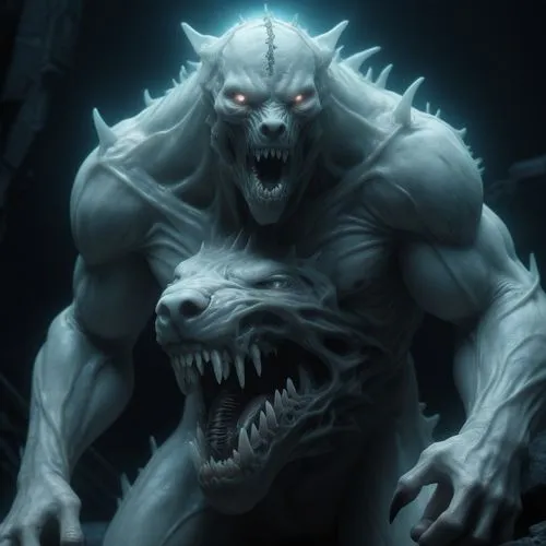 A pale, stone-skinned homunculus with canine teeth growing from its chest,A pale, stone-skinned homunculus with canine teeth growing from its chest,werewolve,jotun,barghest,wampus,lycanthrope,lycan,Co