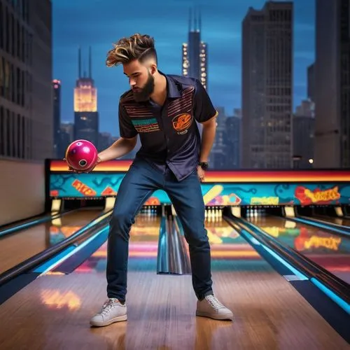 Chicago, modern skyscraper, sleek glass facade, steel beams, urban landscape, evening, neon lights, vibrant city life, retro-futuristic bowling alley interior, polished wooden lanes, colorful pins, sh