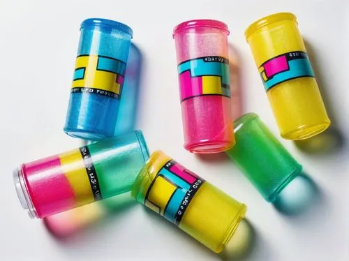 Vintage-inspired, colorful, retro-style Push Pops, 80s-90s nostalgic, transparent plastic casing, shiny metal clip, bright pink, blue, yellow, and green colors, detailed texture, reflective surface, s