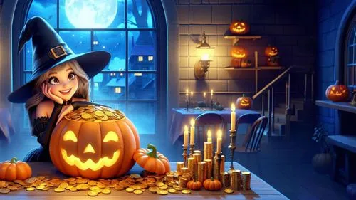 a girl dressed as a witch next to a pumpkin sitting on some money,halloween background,halloween wallpaper,pumpsie,halloween scene,halloween banner,kirdyapkin