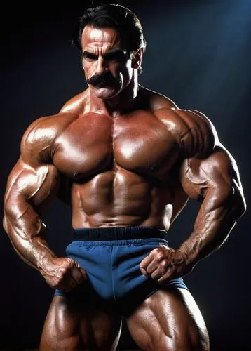 Mike Mentzer poses, muscular man, bodybuilder, 30s, intense gaze, shaved head, goatee beard, mustache, serious facial expression, flexed muscles, strong chest, defined abs, powerful legs, posing trunk