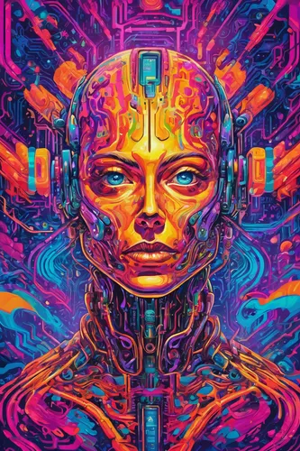 trip computer,cyborg,psychedelic art,cyber,cyberpunk,cybernetics,echo,aura,acid,scifi,dimensional,electro,ai,autonomous,computer art,digiart,electronic,artificial intelligence,cyberspace,quantum,Conceptual Art,Oil color,Oil Color 23