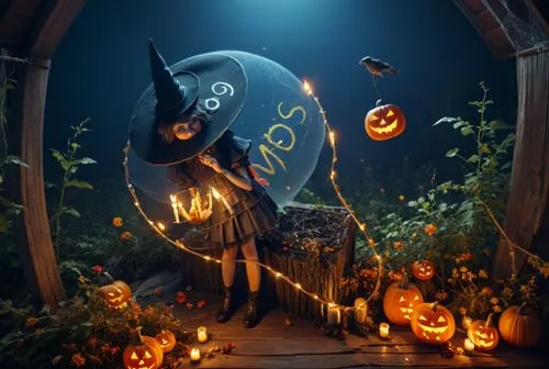 HALLOWEEN DAY,a young witch is holding a bat and pumpkins,kirdyapkin,halloween background,pumbedita,halloween scene,halloween wallpaper,halloween decoration,Photography,General,Natural