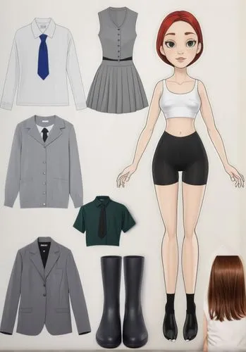 Paper dolls British 16 year old red haired schoolgirl in black sleeveless shirt ,black tight fit spandex shorts with black sock and black shoe standing surrounded by with a set of British school unifo