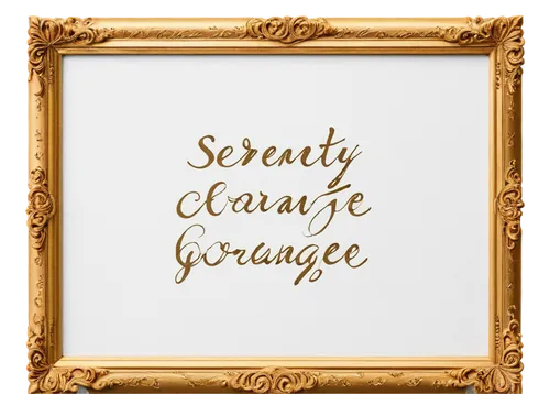 Serenity Prayer, calligraphy, gold font, ornate frame, white background, peaceful atmosphere, gentle lighting, soft focus, shallow depth of field, warm color tone, 3/4 composition, subtle texture, pap