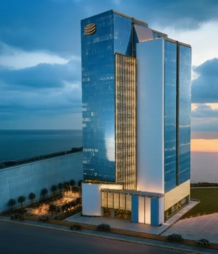 a very tall building in front of some water,rotana,luanda,guayaquil,habtoor,vizag,maputo,Photography,General,Cinematic