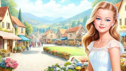 Romantic masterpiece oil painting, cute girl portrait, nostalgic 1950's style kitsch, breathtaking beautiful majestic vast landscape, European countryside village, farmer's market, highly detailed, hi