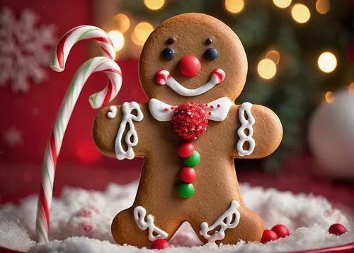 Gingerbread man, sweet facial expression, rosy cheeks, icing hair, candy buttons, colorful gumdrop eyes, white frosting smile, red licorice tie, warm lighting, cozy atmosphere, festive background, Chr