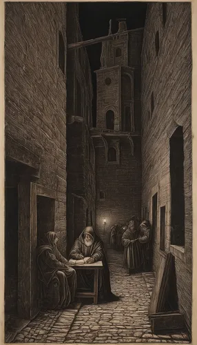 night scene,medieval street,volterra,medieval architecture,abbaye de belloc,lithograph,19th century,hamelin,caravansary,tongeren,castle iron market,game illustration,cordwainer,castle of the corvin,dracula's birthplace,hotel de cluny,medieval,tuff stone dwellings,accommodation,tenement,Art,Classical Oil Painting,Classical Oil Painting 19