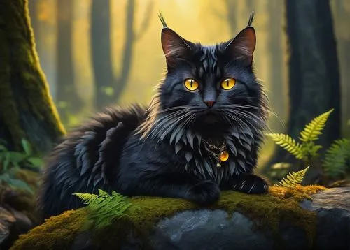 Wild salamandra cat, majestic posture, glowing yellow eyes, whiskers, pointy ears, fluffy fur, striped pattern, claws out, sitting on a rock, misty forest background, vines crawling up trees, ferns, m