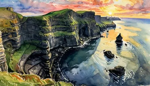 Cliffs of Moher, County Galway at sunset, reflections, detailed masterpiece, colored ink sketch, ink wash,cliff of moher,cliffs of moher,carrick-a-rede,orkney island,moher,isle of skye,cliffs of moher