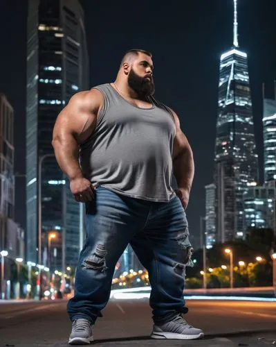 Massive SSBBW, muscular male, strong jawline, intense gaze, messy short hair, thick beard, sleeveless shirt, ripped jeans, chunky sneakers, confident pose, standing, urban cityscape, skyscraper, concr