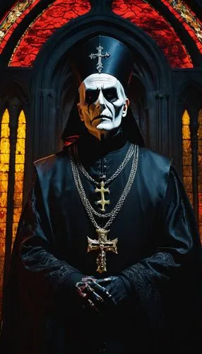 Papa Emeritus, death metal, old man, corpse paint, black robes, golden trim, white beard, long hair, evil eyes, sinister smile, bony fingers, dark throne, grandiose cathedral, stained glass windows, d