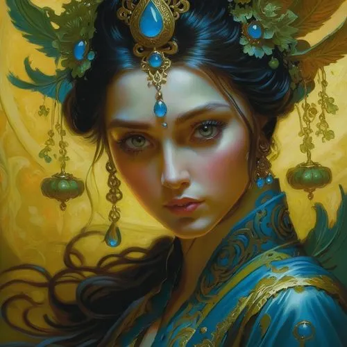 oriental princess,mystical portrait of a girl,fantasy portrait,fantasy art,radha,gold filigree,faery,priestess,oriental girl,golden wreath,faerie,indian art,blue enchantress,golden crown,the enchantress,lakshmi,anahata,jasmine,oriental,sacred lotus,Illustration,Realistic Fantasy,Realistic Fantasy 03