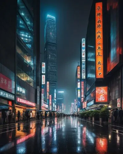 Tokyo metropolitan cityscape, futuristic skyscrapers, curved glass facade, neon lights reflecting off the wet asphalt, rainy evening, misty atmosphere, busy streets, crowded sidewalks, giant LED adver