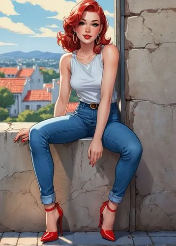 shadman,girl sitting,pin-up girl,retro pin up girl,pin up girl,jeans background,red shoes,pin-up model,fashion vector,rockabella,mahvash,girl in overalls,dressup,retro girl,portrait background,madelyne,brigette,woman sitting,stefanovich,retro woman,Illustration,American Style,American Style 13