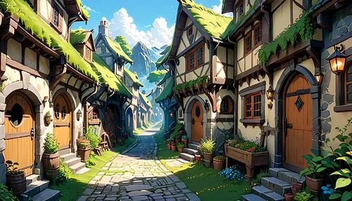 3d fantasy,knight village,mountain settlement,alpine village,fantasy landscape,aurora village,druid grove,hobbit,escher village,medieval street,fairy village,cartoon video game background,mountain village,fantasy world,devilwood,old linden alley,green dragon,fantasy picture,hobbiton,alleyway,Anime,Anime,Realistic