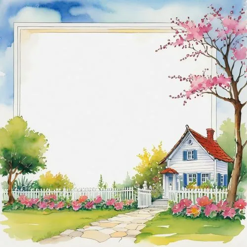 houses clipart,springtime background,home landscape,landscape background,spring background,flower border frame,Illustration,Children,Children 02