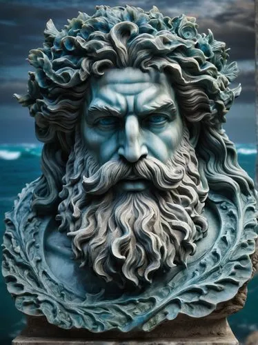 Poseidon face statue, majestic, strong facial features, beard, trident in mouth, ocean-blue eyes, detailed seaweed hair, weathered stone texture, ancient Greece-inspired, pedestal base, ornate carving