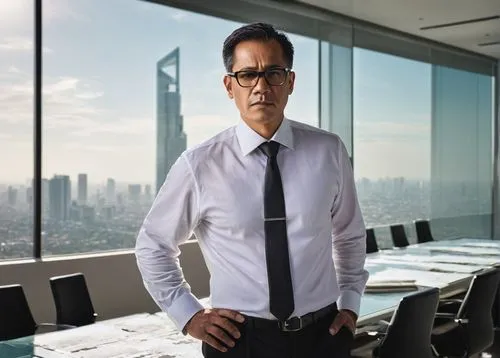 Middle-aged, male, architect, design manager, formal attire, white shirt, black tie, glasses, short hair, standing, serious expression, holding blueprints, modern office interior, glass tables, leathe