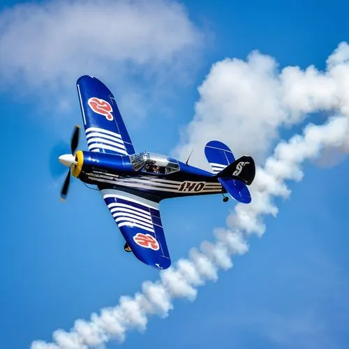 A white Pitts S-2 S Special aerobatics bi-plane with blue "Rothmans" ad making aerobatic in the air with white smoketrail,north american t-6 texan,aerobatic,reno airshow,aerobatics,airshow,air show,ai