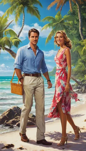 south pacific,tahiti,vintage man and woman,blue hawaii,man and wife,bay of pigs,honeymoon,love island,cuba background,adam and eve,deserted island,coconuts,coconuts on the beach,south seas,aloha,ms island escape,couple goal,luau,tax evasion,holding a coconut,Conceptual Art,Oil color,Oil Color 09