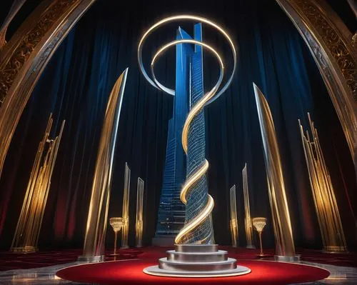 Modern award trophy, sleek silver metal, minimalist design, circular base, ascending spiral shape, LED lights embedded, glowing blue light, prestigious ceremony, luxurious venue, velvet red carpet, go