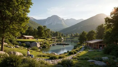 oberland,alpine village,salt meadow landscape,alpine landscape,mountain settlement,riverwood,landscape background,cryengine,mountain village,idyllic,alpine pastures,mountain valley,riftwar,rendalen,alpine region,mountain scene,mountain spring,fantasy landscape,render,home landscape