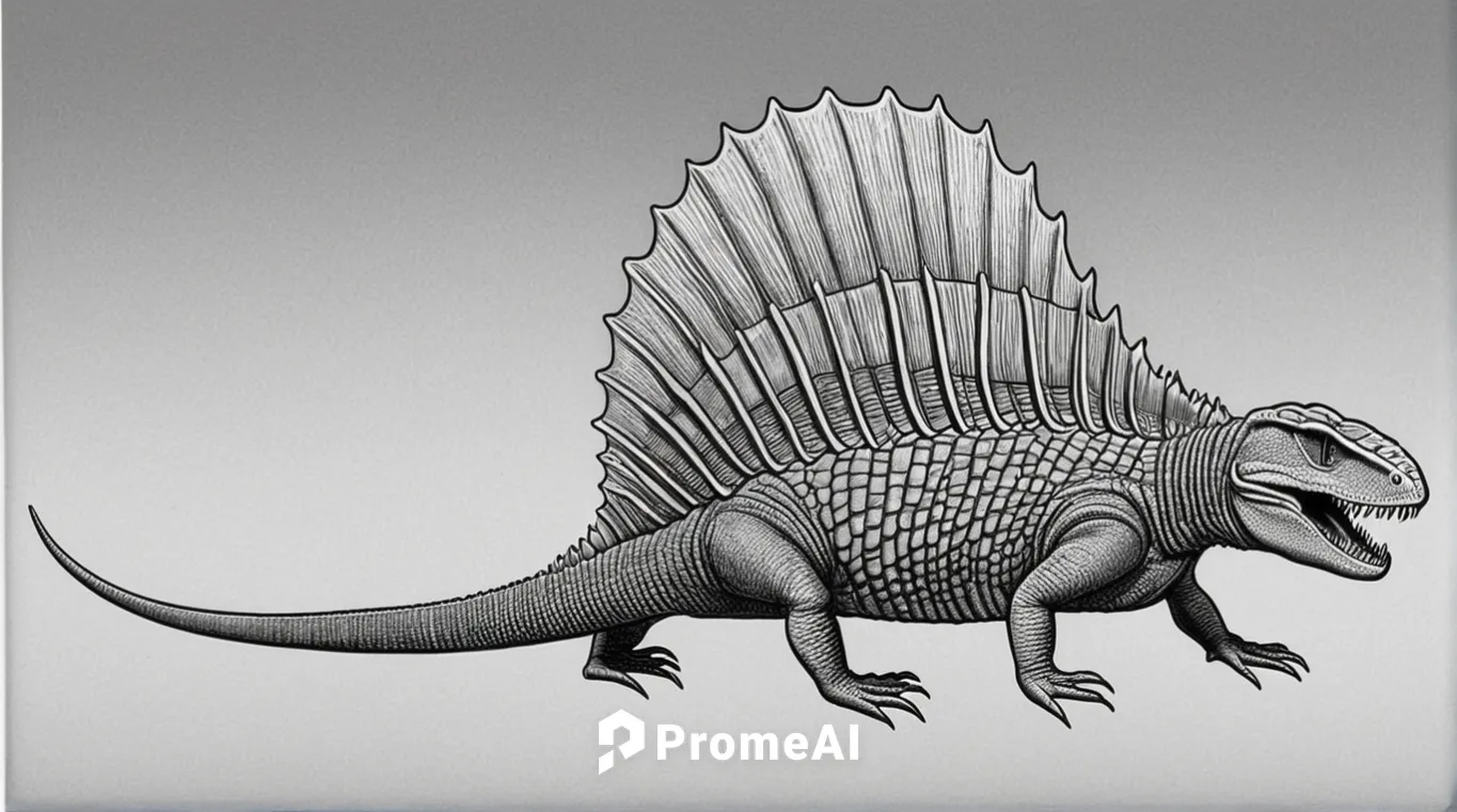 image of Dimetrodon, black and white graphics, white background,reconstruction,cynorhodon,spinosaurus,ankylosaurus,stegosaurus,cretoxyrhina,uintatherium,saurian,landmannahellir,philomachus pugnax,tira