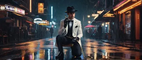 Mickey Mouse, gangster, black fedora, white suit, black tie, gold chain, leather gloves, cigar, confident posture, leaning on cane, city street, night scene, neon lights, rainy atmosphere, puddles ref