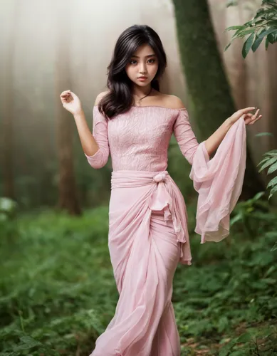 Dancing penda in the pink forest,  burmese,,girl in a long dress,ao dai,little girl in pink dress,hanbok,ballerina in the woods,vietnamese woman,fairy tale character,girl in cloth,forest background,ch