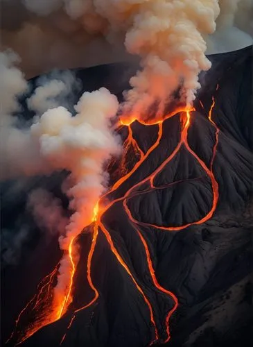 Nuvem de fumaça e lava no formato do sketch, escorrendo pela encosta de um vulcão,the aerial view of a volcano erupts smoke and lava,eruptive,active volcano,volcanic eruption,lava,volcanic activity,vo