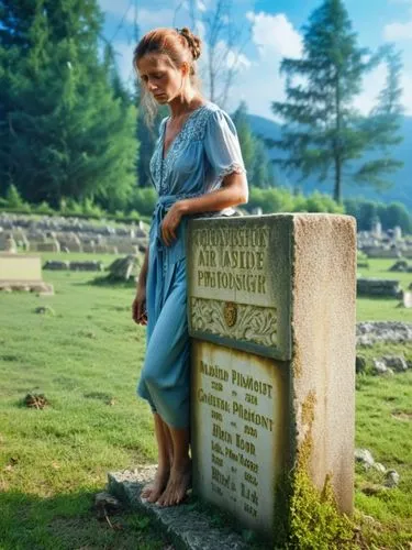 Grieving woman,a girl leaning on a tombstone in a field,epitaphios,epitaph,graveside,annabeth,epitaphs,autochrome,Photography,General,Realistic