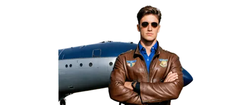 Pilot, young man, serious expression, short brown hair, blue eyes, white uniform, golden badges, leather jacket, aviator sunglasses, standing, leaning against aircraft, muscular arms crossed, strong c