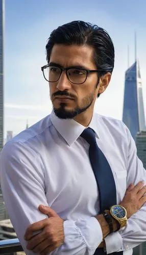 Middle-aged man, department head, architectural design, AP state, glasses, slicked back black hair, beard, formal attire, white shirt, black tie, dark blue suit, gold watch, confident posture, standin