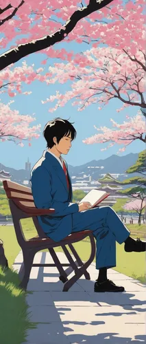 takato cherry blossoms,japanese sakura background,the cherry blossoms,sakura background,studio ghibli,man on a bench,lupin,sakura trees,springtime background,cherry blossoms,shirakami-sanchi,cherry blossom,fallen petals,japan,sakura tree,man in pink,cold cherry blossoms,woman sitting,digital painting,spring background,Illustration,Vector,Vector 03