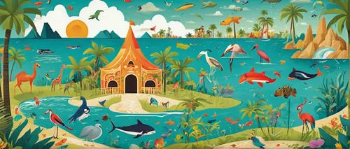 animal kingdom,fairy world,mermaid background,fairy village,fairy tale icons,bird kingdom,fish pond,acquarium,aquarium,tropical animals,lagoon,cartoon forest,children's background,animal zoo,aquatic animals,basil's cathedral,rainbow world map,whimsical animals,underwater playground,dolphinarium,Illustration,Abstract Fantasy,Abstract Fantasy 07