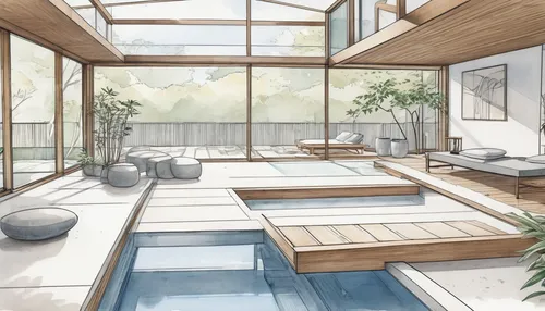 ryokan,japanese-style room,roof landscape,pool house,indoor,greenhouse,japanese architecture,core renovation,conservatory,loft,greenhouse cover,aqua studio,zen garden,renovation,renovate,modern room,house drawing,glass roof,house plants,greenhouse effect,Unique,Design,Blueprint