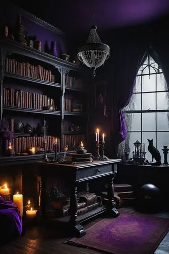 victorian room,apothecary,ornate room,dark cabinetry,witch's house,purple wallpaper,abandoned room,victorian,scriptorium,witch house,la violetta,inglenook,tealights,violetta,candlemaker,great room,dandelion hall,study room,bedroom,candlelit,Illustration,Paper based,Paper Based 05