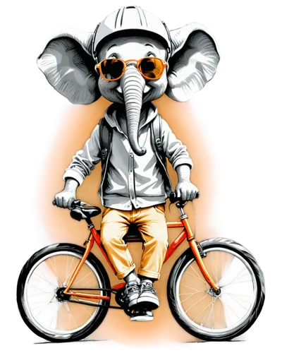 Elephant, riding bicycle, big ears flapping, tusks shining, wrinkled gray skin, wearing helmet, sunglasses, casual clothing, sneakers, pedaling with legs, holding handlebars, smiling face, joyful expr