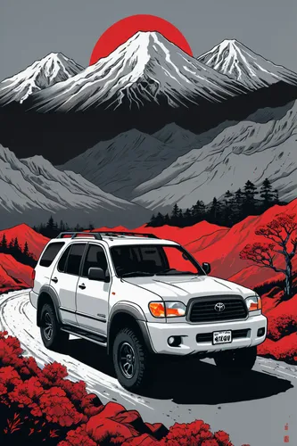 80's style japanese retro hand-sketched car poster with black and red japanese text, featuring a silver 2005 Toyota Sequoia SUV with black offroad wheels, mountains, screen print,toyota 4runner,mitsub