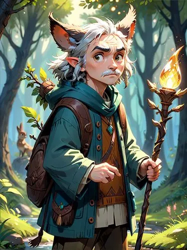 wood elf,male elf,scandia gnome,adventurer,druid,druid grove,elven,mountain guide,the wanderer,gamekeeper,fantasy portrait,faun,robin hood,cub,game illustration,forest man,male character,woodland animals,bard,farmer in the woods,Anime,Anime,Cartoon