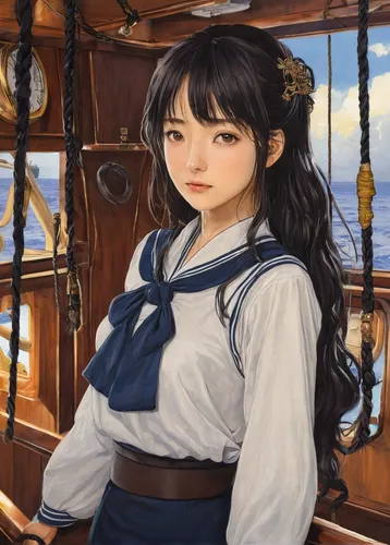 at sea,girl on the boat,sea fantasy,protected cruiser,training ship,scarlet sail,kantai collection sailor,sailer,sea sailing ship,sailor,seafaring,sailing,the sea maid,tall ship,sail,nautical star,seafarer,delta sailor,sails,studio ghibli,Illustration,Japanese style,Japanese Style 18