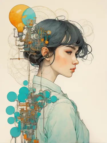 transistor,illustrator,transistor checking,connections,spheres,woman thinking,cyan,bluebottle,girl with speech bubble,adobe illustrator,infusion,connected,molecule,shirakami-sanchi,digital illustration,mari makinami,sci fiction illustration,mystical portrait of a girl,molecules,augmented,Illustration,Paper based,Paper Based 19