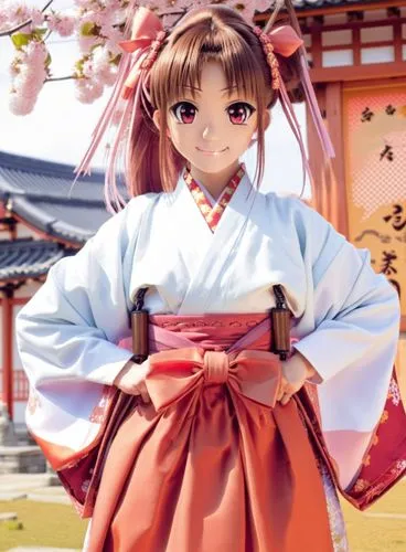 cosplay, girl, japanese clothes, solo, twintails, hands on hips, miko, hair ribbon,  hakama, pink hair, smile, brown hair, looking at viewer, red hakama, ,girl in pink traditional dress standing under